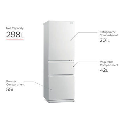 Mitsubishi 363L 3-Door Refrigerator (Glass White)