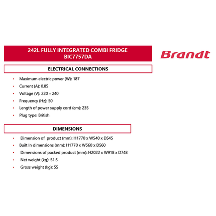 Brandt 242L Integrated Fridge