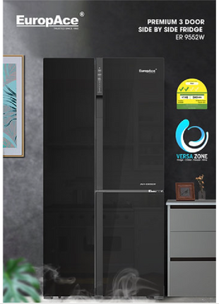 EuropAce 639L Premium 3 Door Side by Side Fridge (Black Glass)