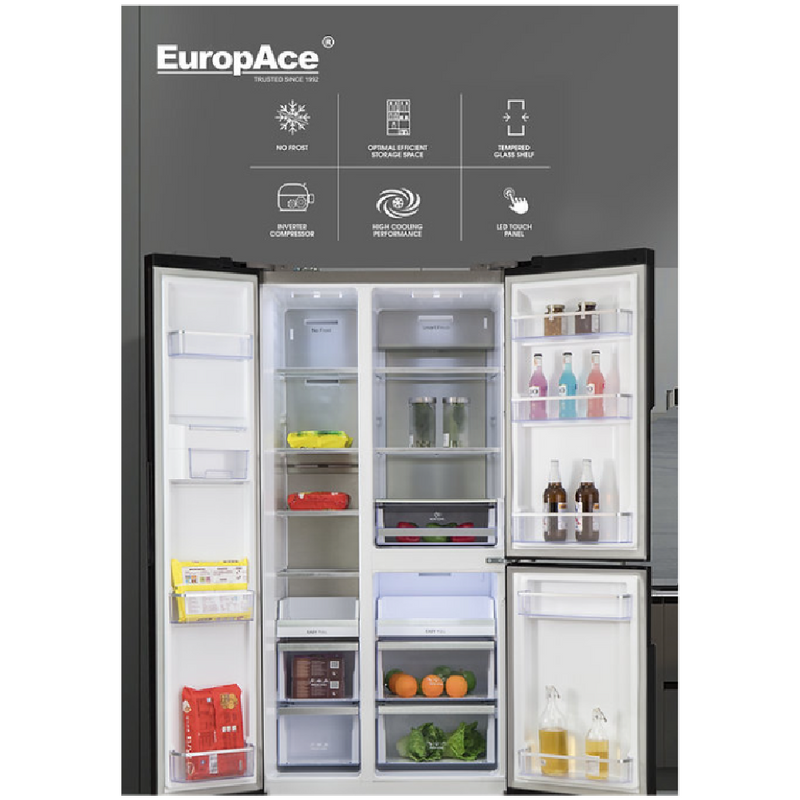 EuropAce 639L Premium 3 Door Side by Side Fridge (Black Glass)