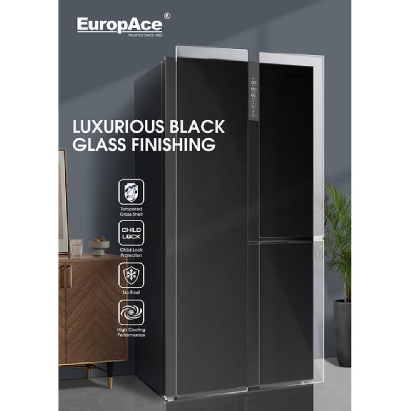 EuropAce 639L Premium 3 Door Side by Side Fridge (Black Glass)